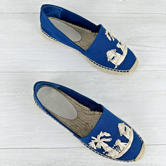 Tory Burch Flat Espadrille Size 8 Raffia Embroidered Straw Blue Tropical‎ Cruise - Picture 12 of 13